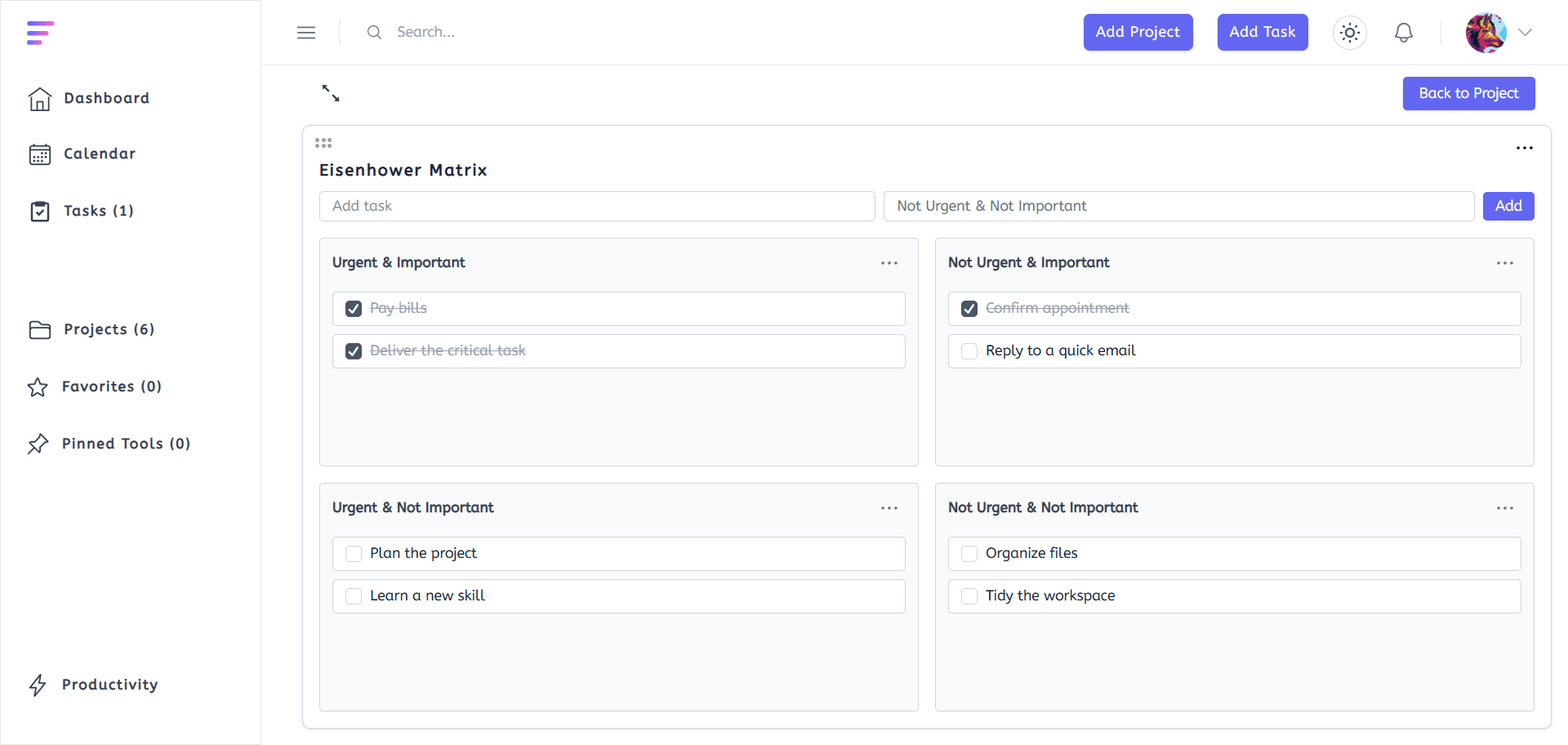 Screenshot of a user's project dashboard showing tasks organized in the Eisenhower Matrix by Rylaa
