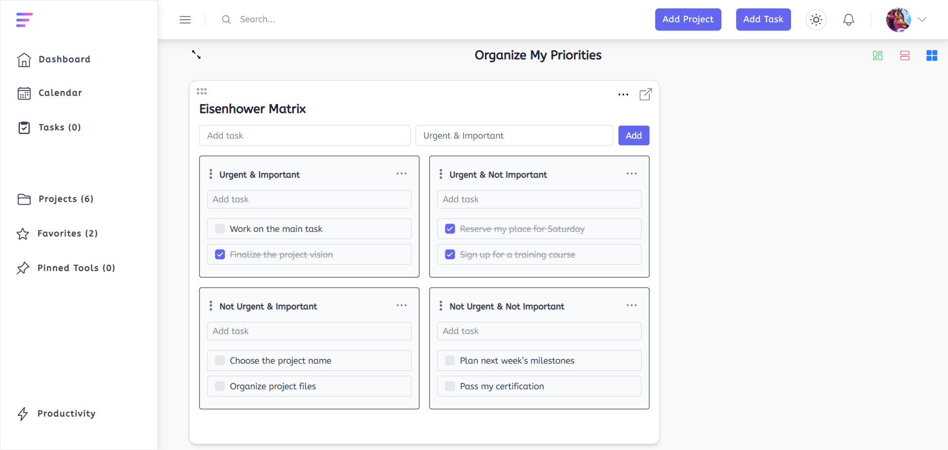 Dashboard view of the Eisenhower Matrix showing tasks organized by urgency and importance