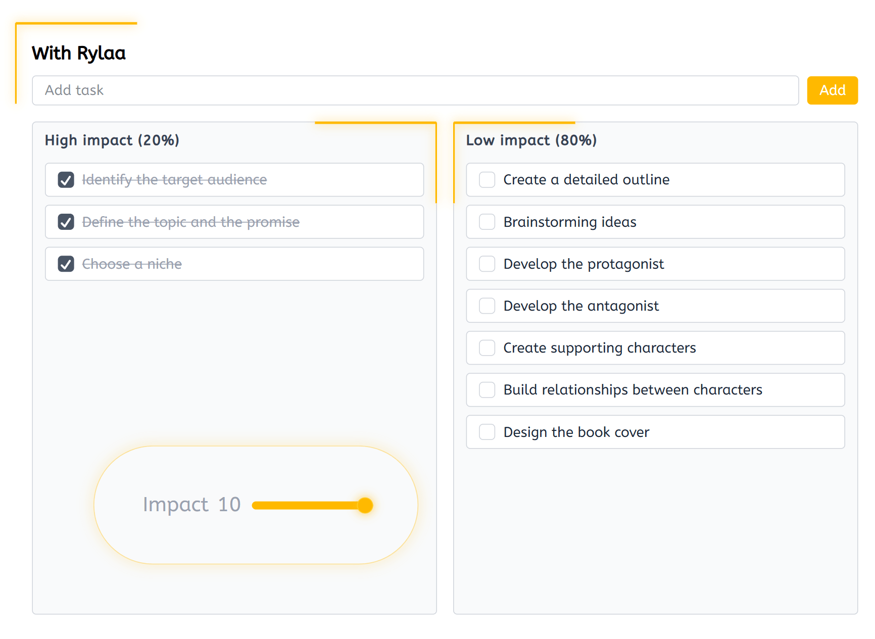 Pareto productivity tool with fictional book tasks for low and high impact tasks