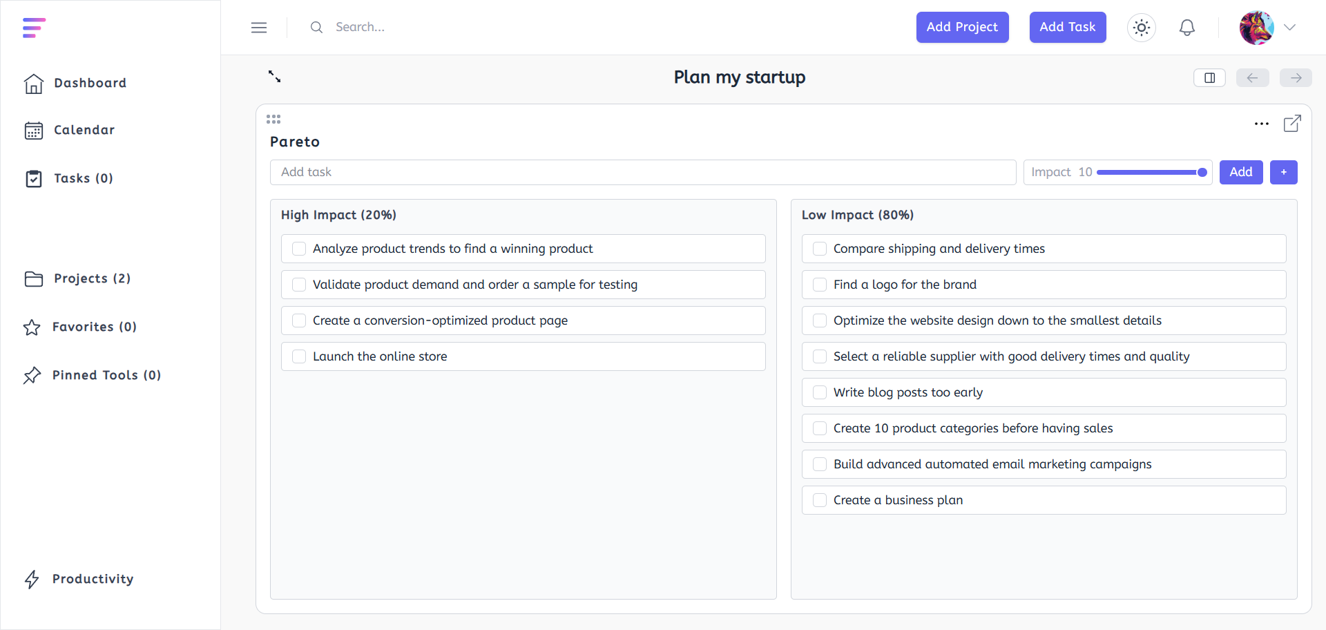 Pareto productivity tool dashboard for project management startup