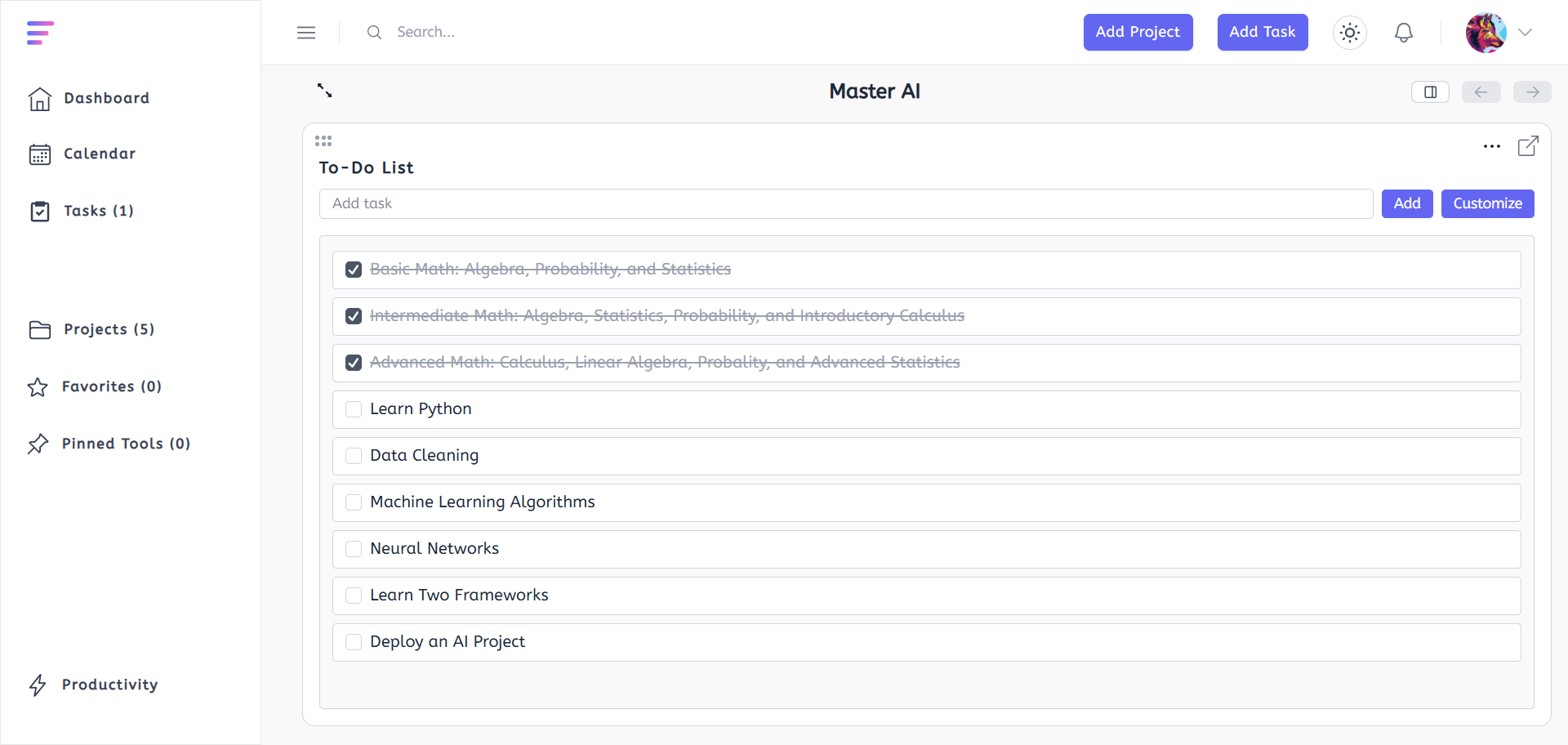 productivity to-do list dashboard for AI project management