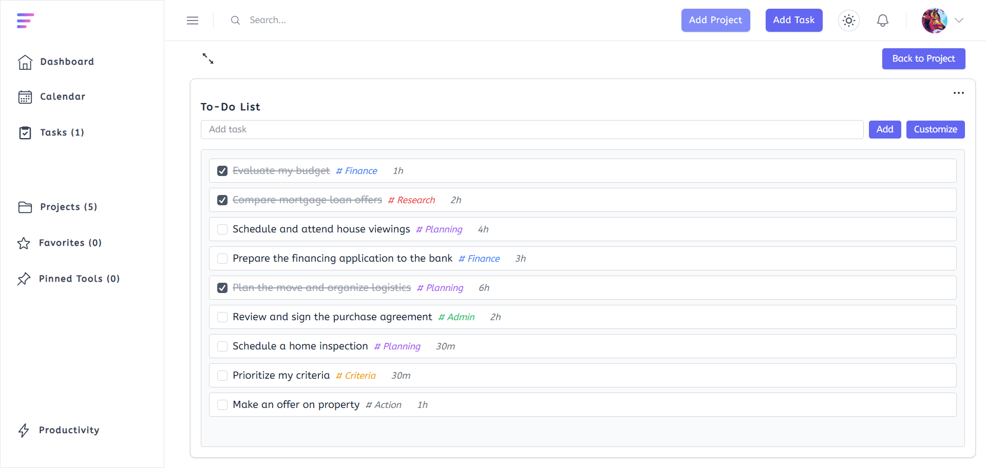 Screenshot of a user's project dashboard showing tasks organized in the Eisenhower Matrix by Rylaa