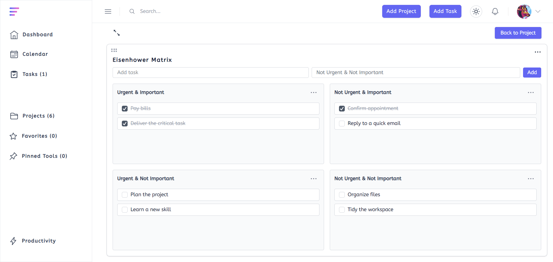Screenshot of a user's project dashboard showing tasks organized in the Eisenhower Matrix by Rylaa