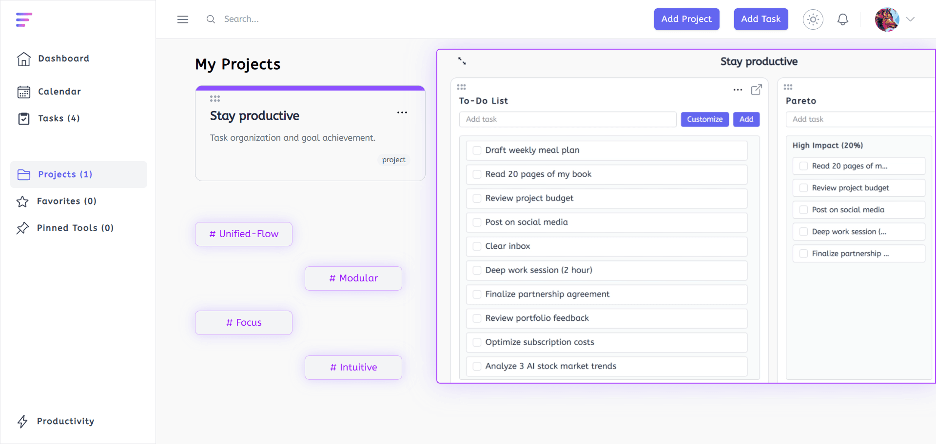 Productivity SaaS dashboard for organizing tasks and goals