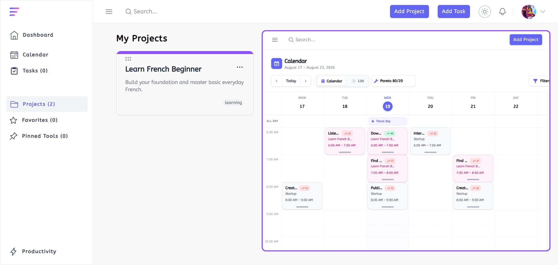 Productivity SaaS dashboard for organizing tasks and goals